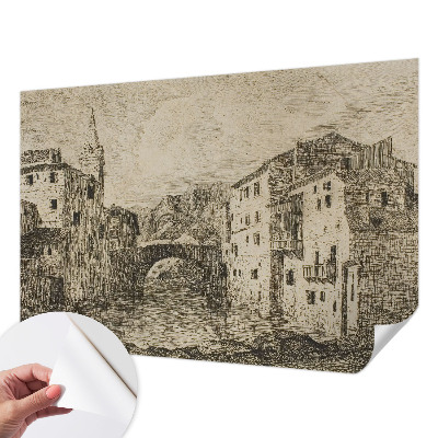 Removable wall mural wallpaper with a city panorama design