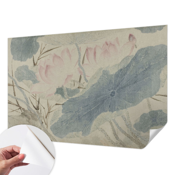 Peel and stick wall mural for living room with a lotus leaves design