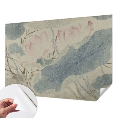 Peel and stick wall mural for living room with a lotus leaves design