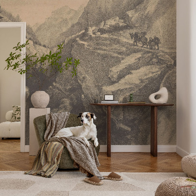 3D photo wallpaper mural with a picturesque mountain scene
