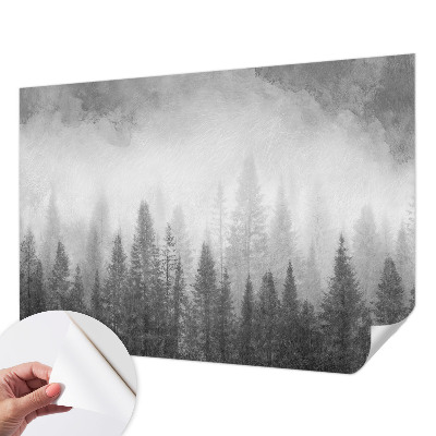 Peel and stick wall mural for living room with a foggy forest motif