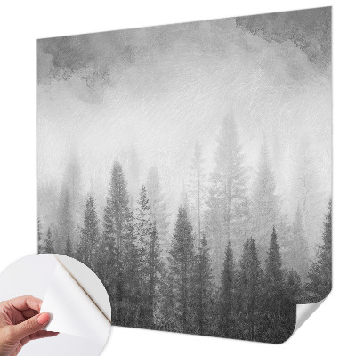 Peel and stick wall mural for living room with a foggy forest motif