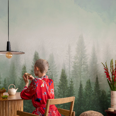 Peel and stick wall mural featuring a wolf in a forest scene suitable for a bedroom