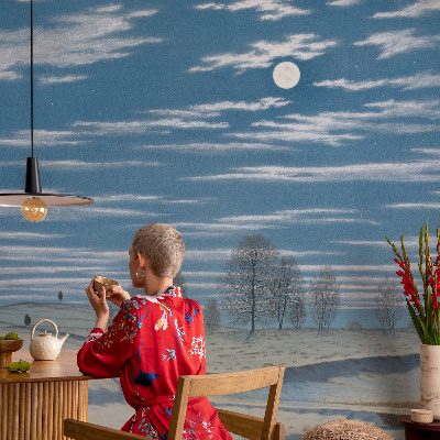 Nursery wall mural with a winter landscape design