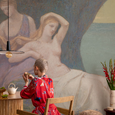 Peel and stick wall mural for living room featuring a seaside scene