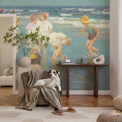 Nursery wall mural with a beach childhood illustration