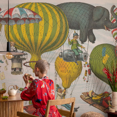 Self-adhesive wall mural featuring a hot air balloon journey design