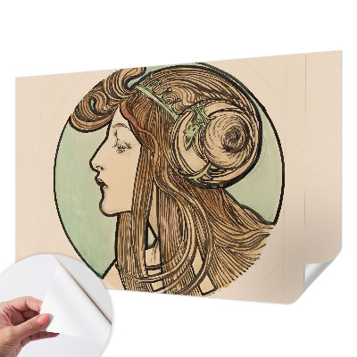 Peel and stick wall mural for bedroom with an Art Nouveau portrait design
