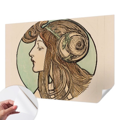 Peel and stick wall mural for bedroom with an Art Nouveau portrait design