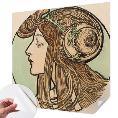 Peel and stick wall mural for bedroom with an Art Nouveau portrait design