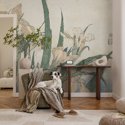 Peel and stick wall mural for bedroom with a delicate iris design