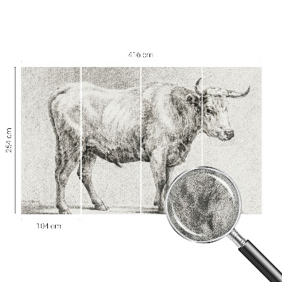 Self-adhesive wall mural with a bull pencil illustration