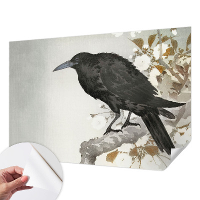 Removable wall mural featuring a raven among flowers