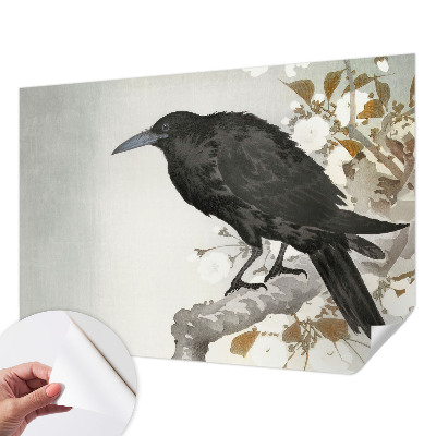 Removable wall mural featuring a raven among flowers