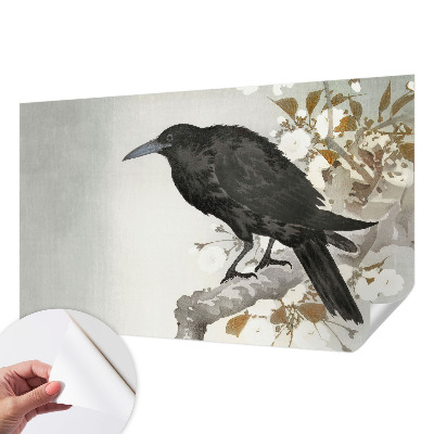Removable wall mural featuring a raven among flowers