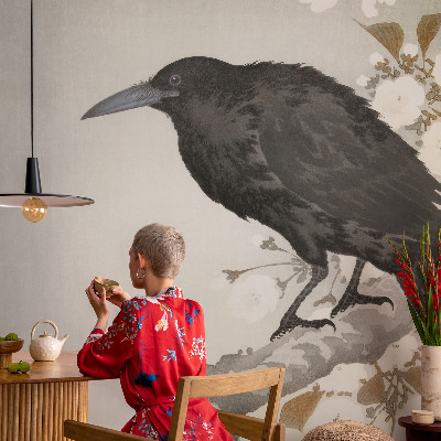 Removable wall mural featuring a raven among flowers