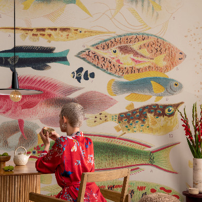 Self-adhesive wall mural with a colorful fish design