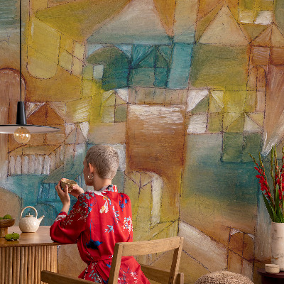 Nursery wall mural with a geometric structures design