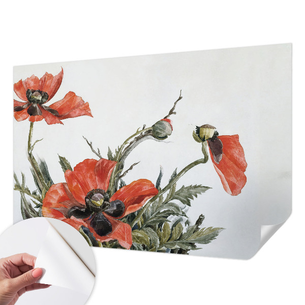 Peel and stick wall mural with a red poppy pattern