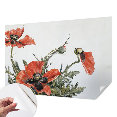 Peel and stick wall mural with a red poppy pattern