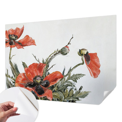 Peel and stick wall mural with a red poppy pattern