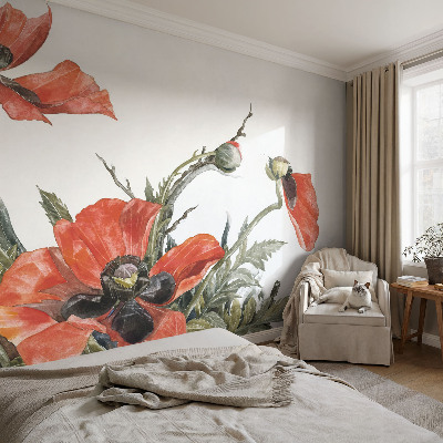 Peel and stick wall mural with a red poppy pattern