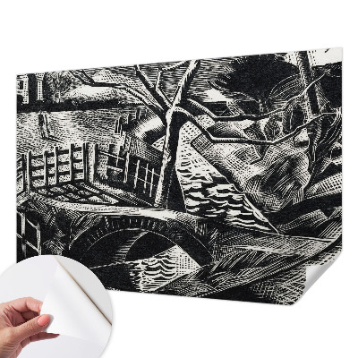 Self-adhesive wall mural with an architectural landscape design