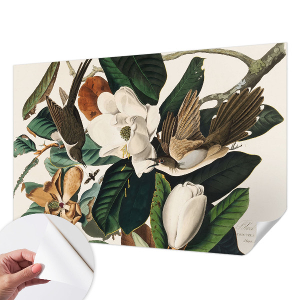 Peel and stick wall mural for bedroom with magnolia and bird motif