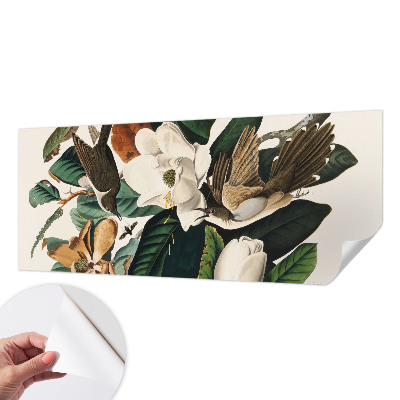 Peel and stick wall mural for bedroom with magnolia and bird motif