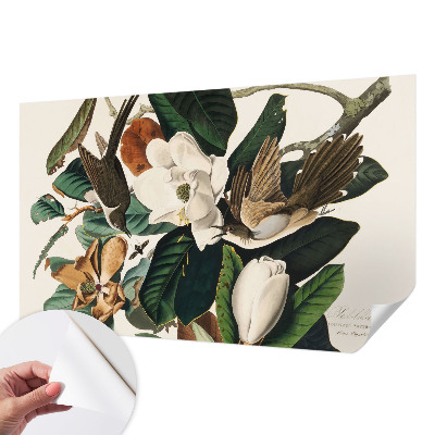 Peel and stick wall mural for bedroom with magnolia and bird motif