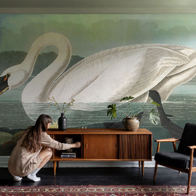 Peel and stick wall mural for kids' room with a swan and water lilies
