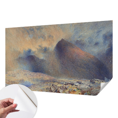 Peel-and-stick wall mural with a mountain landscape suitable for a bedroom