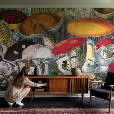 Nursery wall mural with a botanical mushroom design