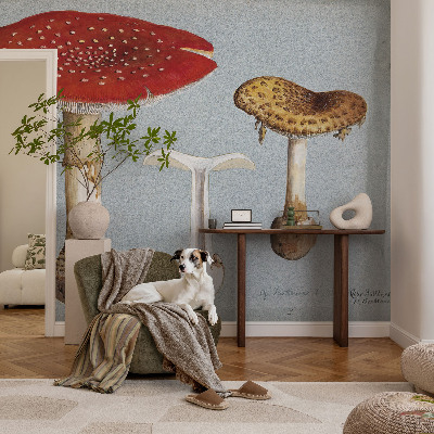 Peel and stick wall mural with engraved mushroom illustrations