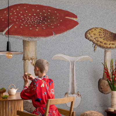 Peel and stick wall mural with engraved mushroom illustrations