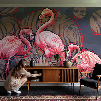 Children's wall mural with pink flamingos