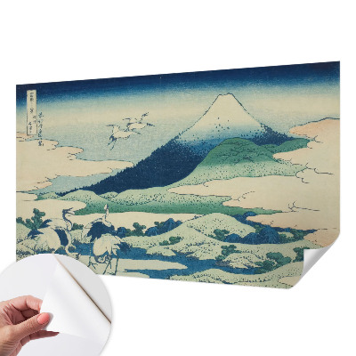 Peel and stick wall mural for bedroom with a cranes and mountains design