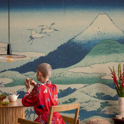 Peel and stick wall mural for bedroom with a cranes and mountains design