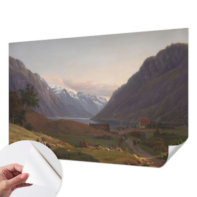 Peel and stick wall mural for living room with a mountain panorama design