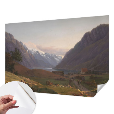 Peel and stick wall mural for living room with a mountain panorama design