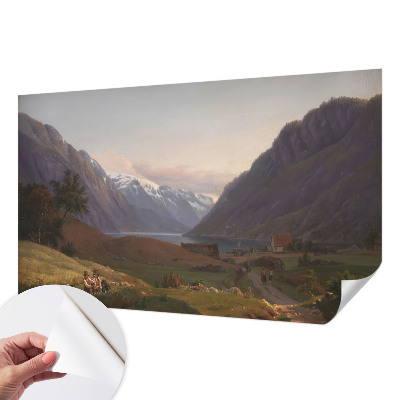 Peel and stick wall mural for living room with a mountain panorama design