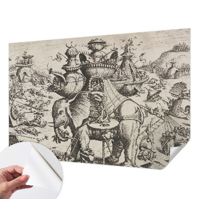 Peel and stick wall mural for kids' room featuring a whimsical grotesque battle illustration