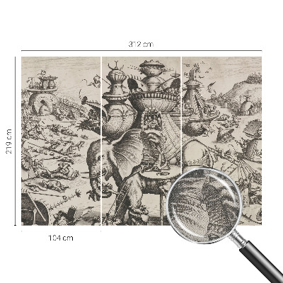 Peel and stick wall mural for kids' room featuring a whimsical grotesque battle illustration