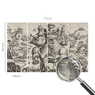 Peel and stick wall mural for kids' room featuring a whimsical grotesque battle illustration