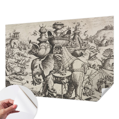Peel and stick wall mural for kids' room featuring a whimsical grotesque battle illustration