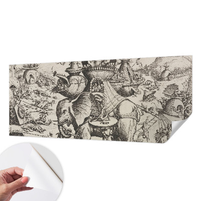 Peel and stick wall mural for kids' room featuring a whimsical grotesque battle illustration