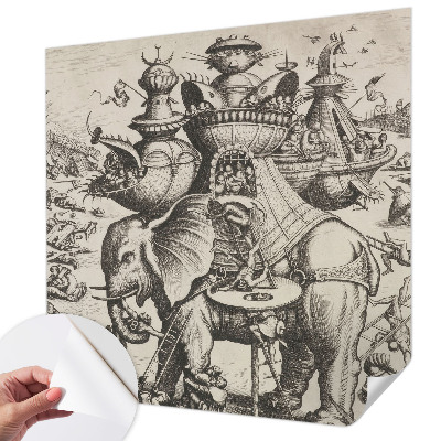 Peel and stick wall mural for kids' room featuring a whimsical grotesque battle illustration