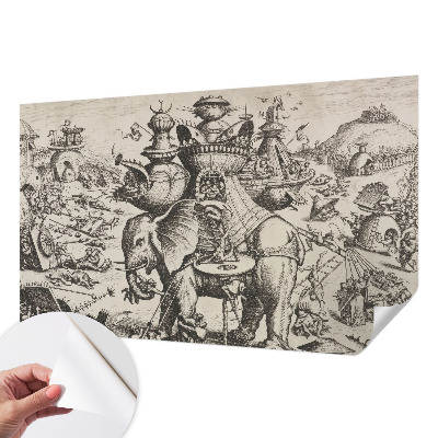 Peel and stick wall mural for kids' room featuring a whimsical grotesque battle illustration