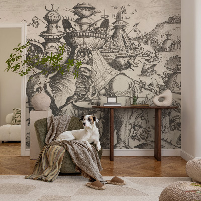 Peel and stick wall mural for kids' room featuring a whimsical grotesque battle illustration