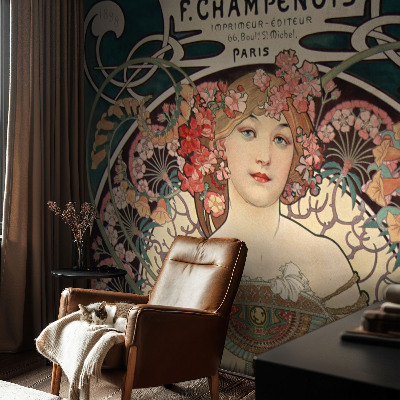 Peel and stick wallpaper mural with a floral symmetry design